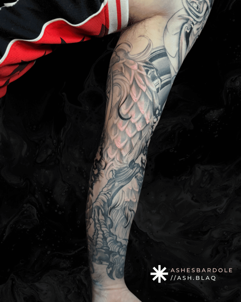 Fantasy blackwork tattoo with bold linework and high contrast, created by Ashes Bardole, a blackwork tattoo artist specializing in custom designs.