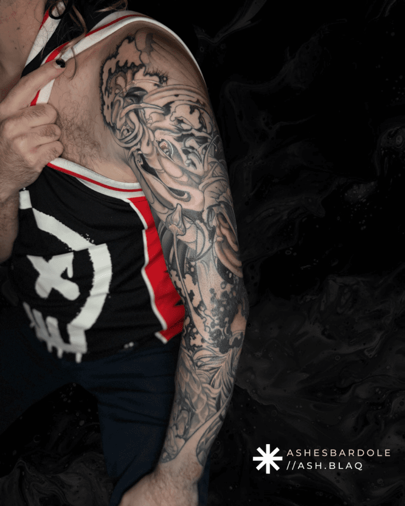 Fantasy blackwork tattoo with bold linework and high contrast, created by Ashes Bardole, a blackwork tattoo artist specializing in custom designs.