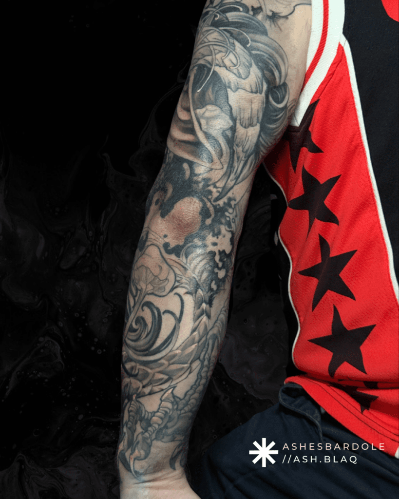 Fantasy blackwork tattoo with bold linework and high contrast, created by Ashes Bardole, a blackwork tattoo artist specializing in custom designs.